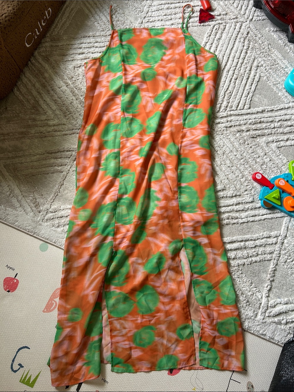 Ganni Orange Slip Dress with Green Floral Print